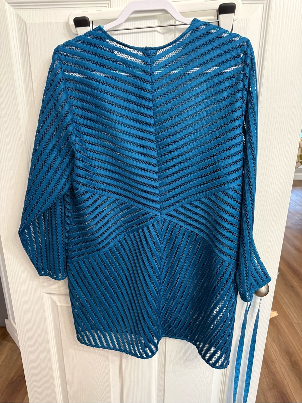 Chico’s Travelers Collection Teal Open Knit Mesh Cardigan Cover Up Tunic XL 3 - Picture 5 of 5